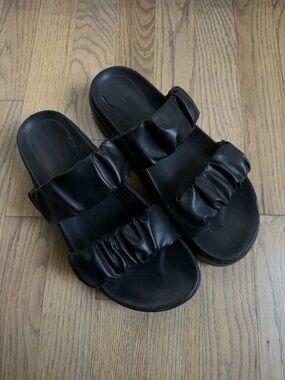 Black Ruched Double-Strap Slide Sandals